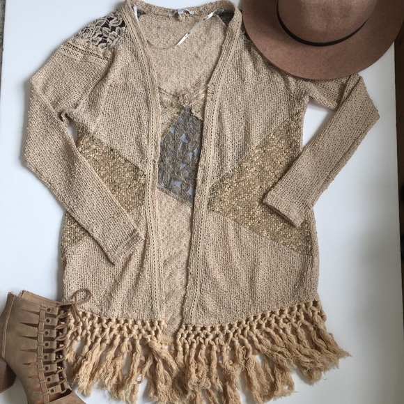 Miss Me Sweaters - Miss Me Sweater Cardigan Fringe BoHo Tan Black Med